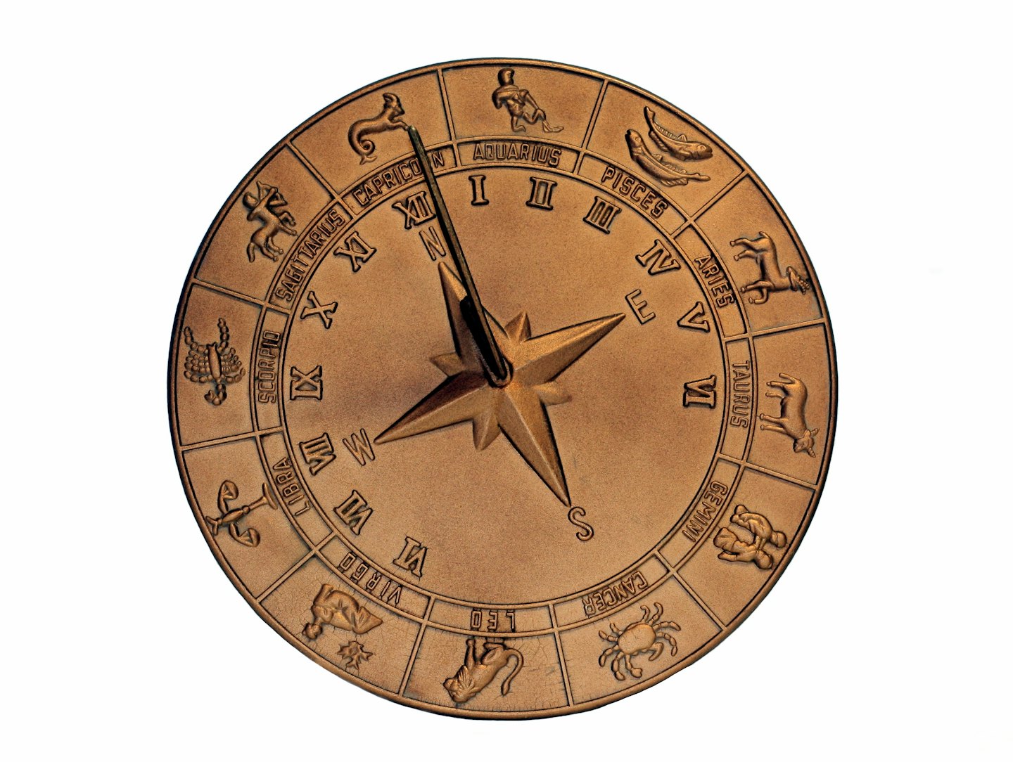 Bronze zodiac compass with Roman numerals on white background.